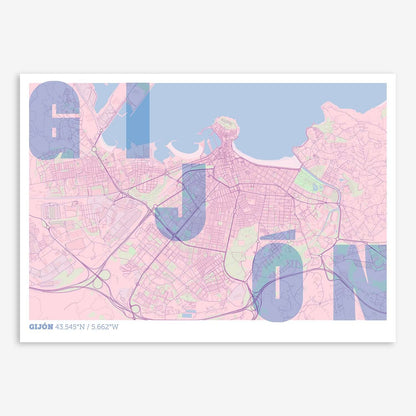 The map of Gijon with letters of its name placed randomly, designed in pink and light blue