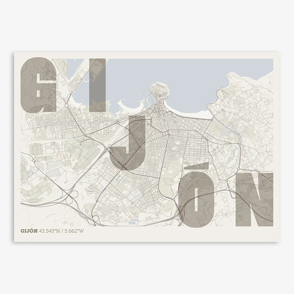 Decorative print of Gijon with letters of its name placed randomly, designed in light brown and an off-white background