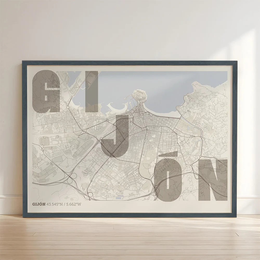 Lámina creativa de Gijón – Diseño gráfico y tipografía sobre mapa