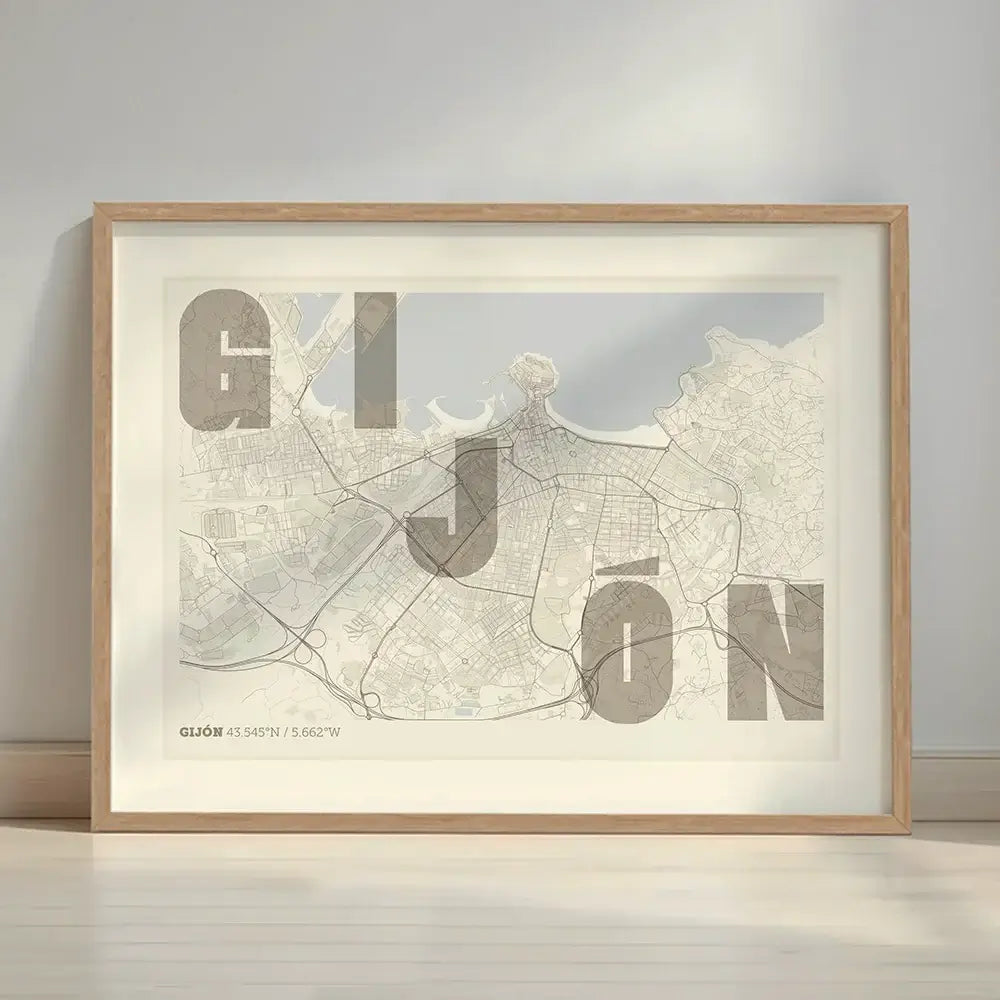 Framed Gijon in Unruled design, where the city name letters appear randomly across different lines for a truly original urban layout designed in light brown and an off-white background with a white margin border in a warm lit minimalist setting