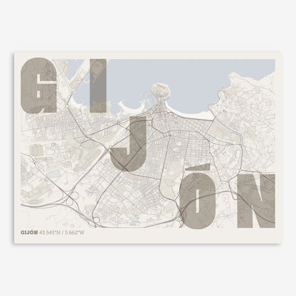 The map of Gijon with letters of its name placed randomly, designed in light brown and an off-white background