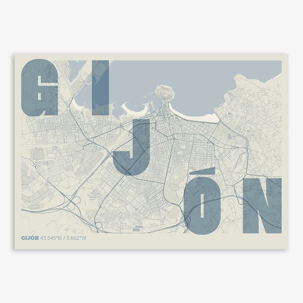 Decorative print of Gijon with letters of its name placed randomly, designed in bluish gray and an off-white background