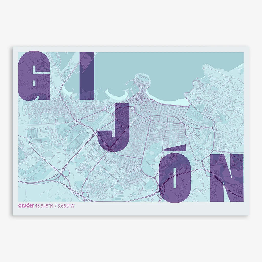 Decorative print of Gijon with letters of its name placed randomly, designed in purple and light blue