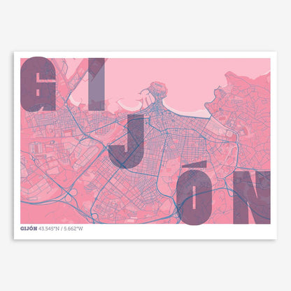 The map of Gijon with letters of its name placed randomly, designed in violet y pink background