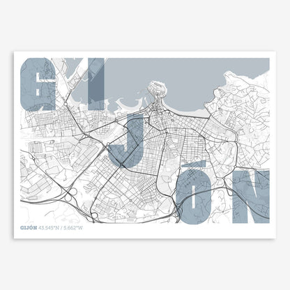 The map of Gijon with letters of its name placed randomly, designed in black and white