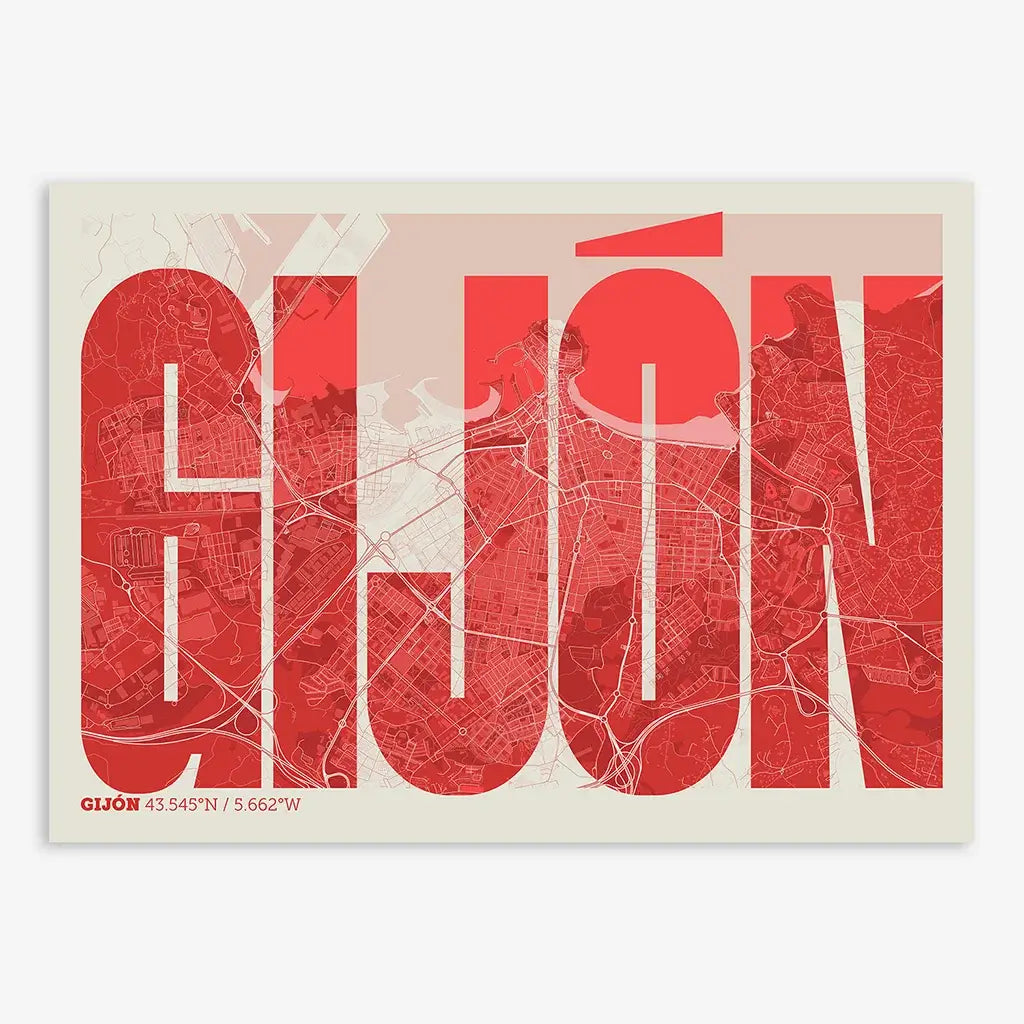 Mapa de Gijón en el diseño la Extra Comprimida, donde las letras se ajustan al ancho del mapa de la ciudad diseñado en rojo y fondo blanco roto