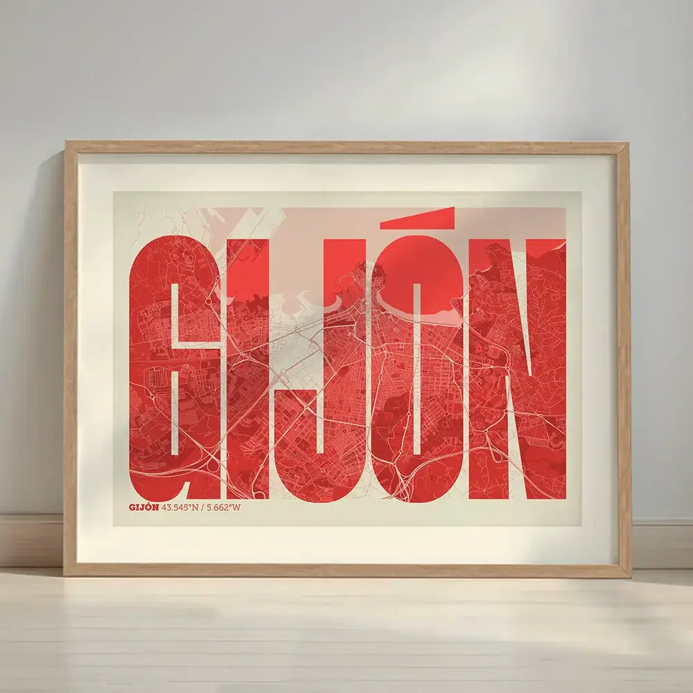 Framed Gijon in Extra Compressed design, where the letters are tightly squeezed to fit the city's map shape designed in red and an off-white background with a white margin border in a warm lit minimalist setting