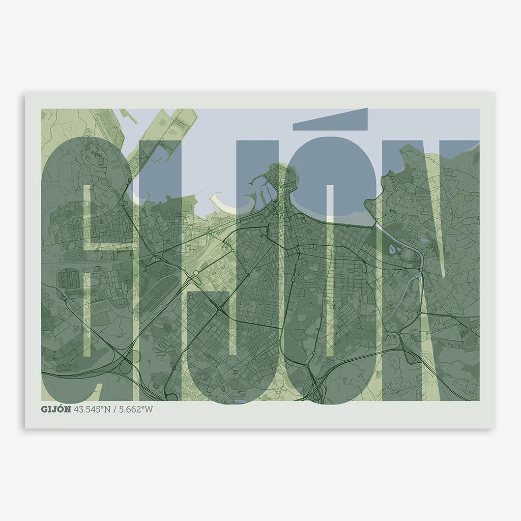 Decorative map of Gijon and letters of its name in a giclée print designed in two green tones