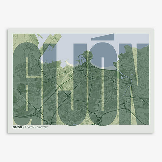 Decorative map of Gijon and letters of its name in a giclée print designed in two green tones