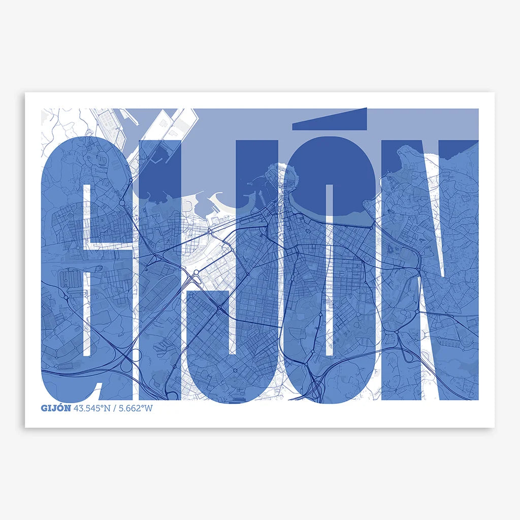 Decorative map of Gijon and letters of its name in a giclée print designed in navy blue and white