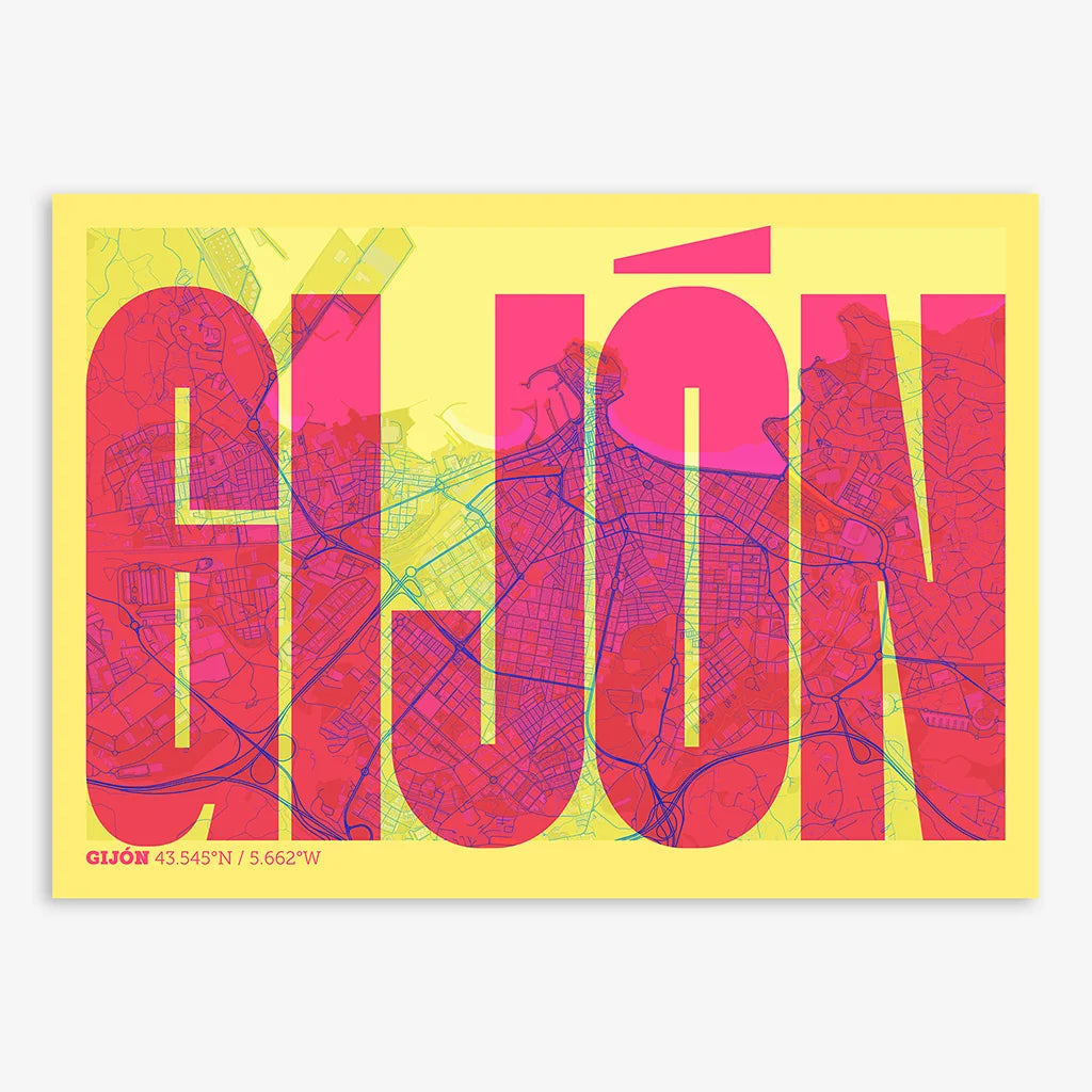 Decorative map of Gijon and letters of its name in a giclée print designed in yellow and fuchsia