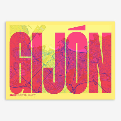 The map of Gijon and letters of its name in a giclée print designed in yellow and fuchsia
