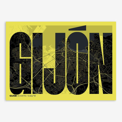 The map of Gijon and letters of its name in a giclée print designed in black and yellow