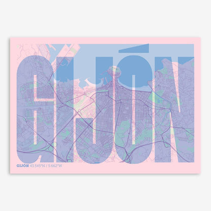 The map of Gijon and letters of its name in a giclée print designed in pink and light blue