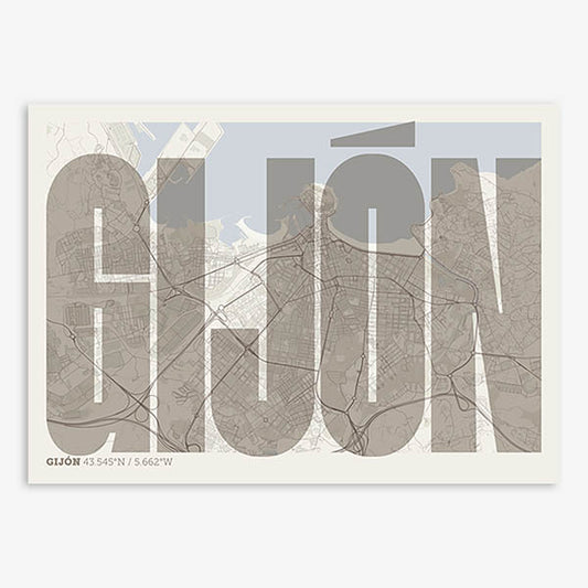 Decorative map of Gijon and letters of its name in a giclée print designed in light brown and an off-white background