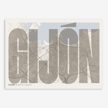 The map of Gijon and letters of its name in a giclée print designed in light brown and an off-white background