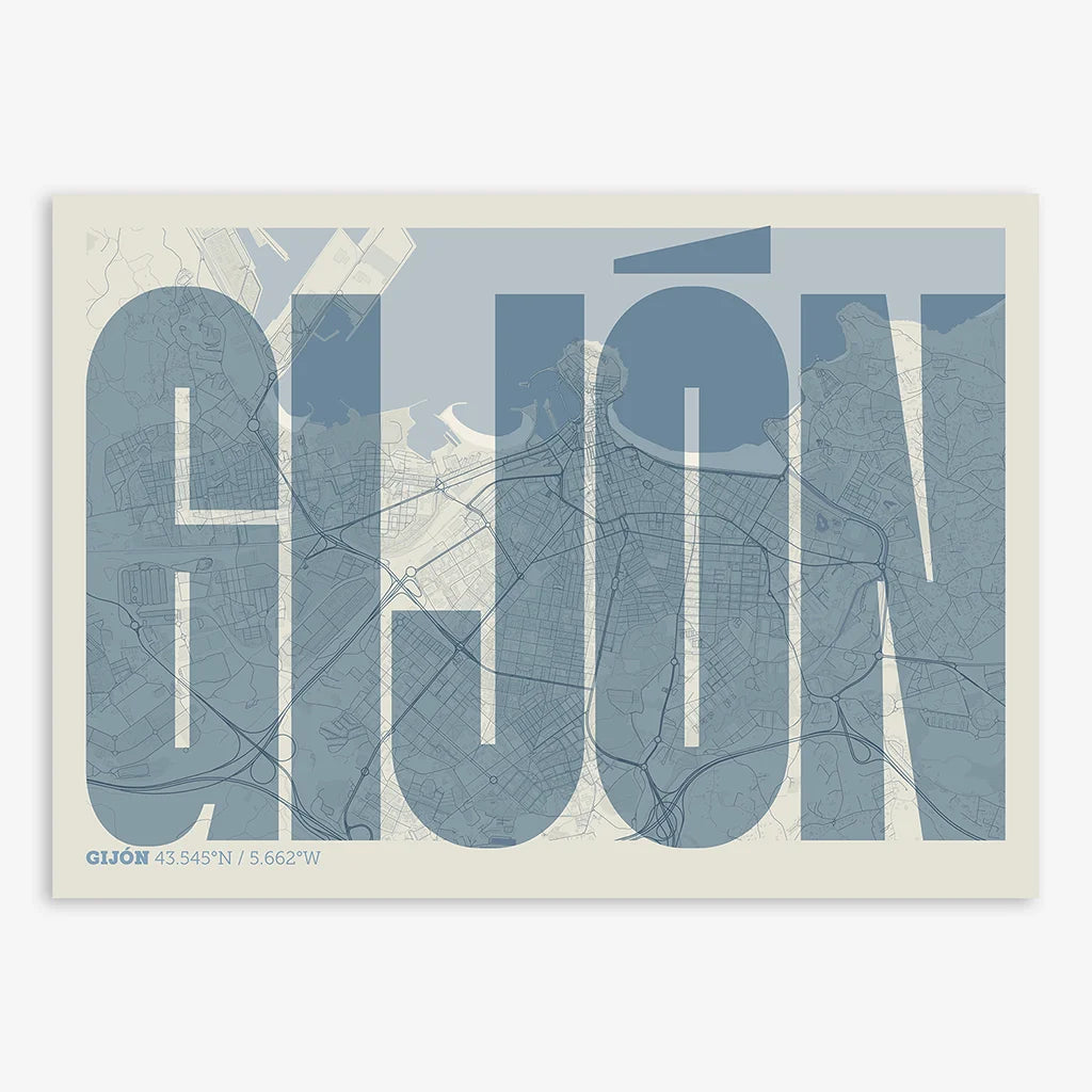 Decorative map of Gijon and letters of its name in a giclée print designed in bluish gray and an off-white background