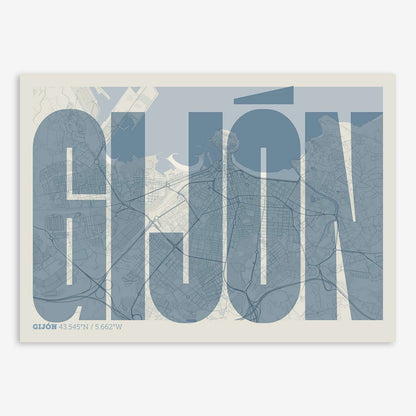 The map of Gijon and letters of its name in a giclée print designed in bluish gray and an off-white background