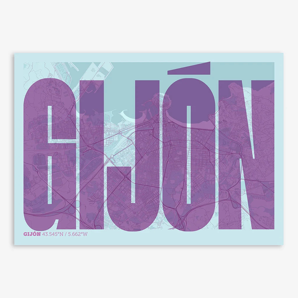 Decorative map of Gijon and letters of its name in a giclée print designed in purple and light blue