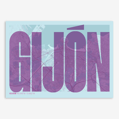 The map of Gijon and letters of its name in a giclée print designed in purple and light blue