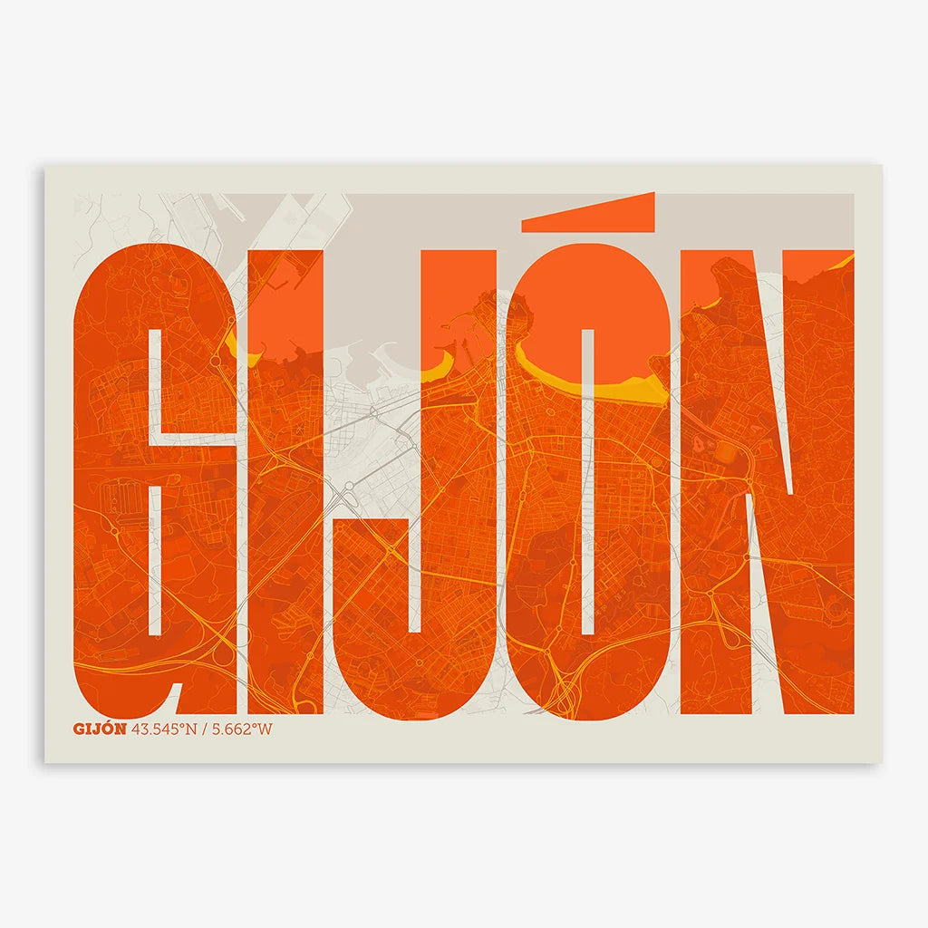 Decorative map of Gijon and letters of its name in a giclée print designed in orange and an off-white background