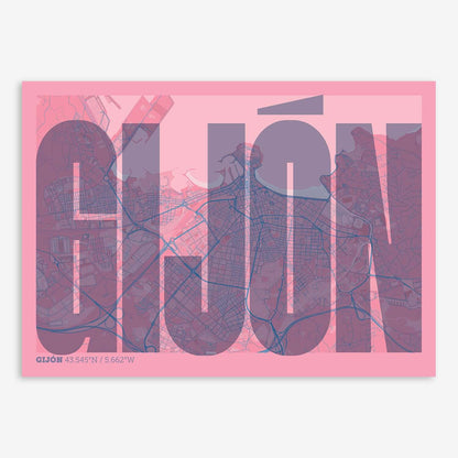 The map of Gijon and letters of its name in a giclée print designed in violet y pink background