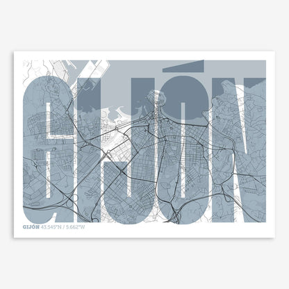 The map of Gijon and letters of its name in a giclée print designed in black and white