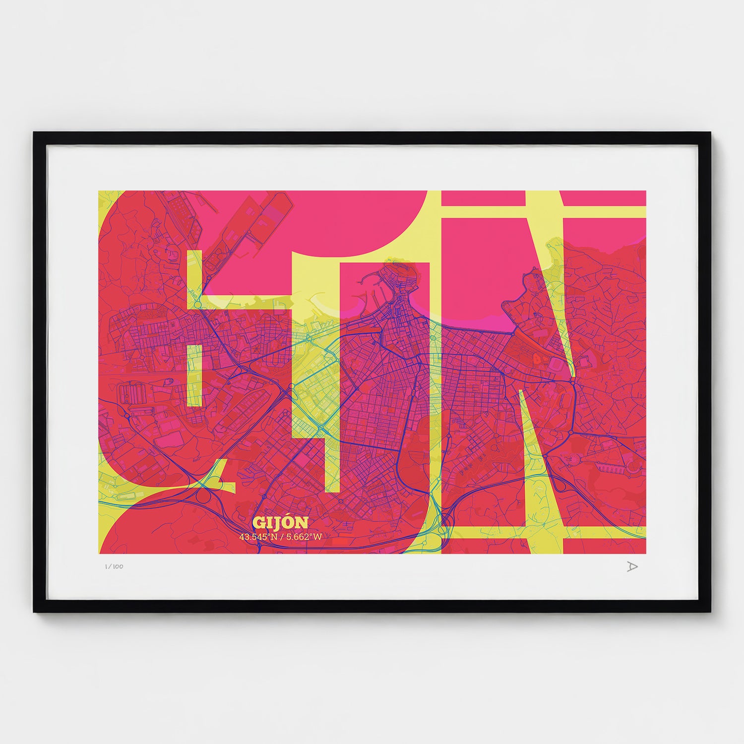 Lámina tipográfica de Gijon – diseño Inseparable, marco negro
