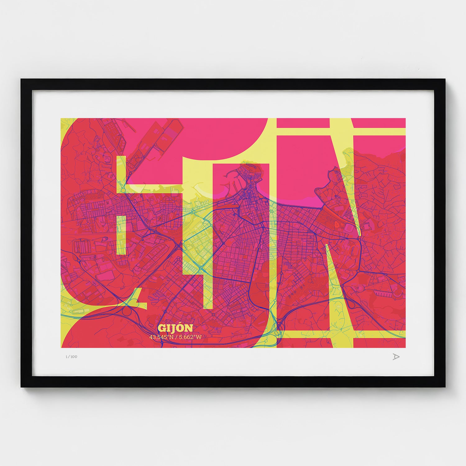 Lámina tipográfica de Gijon – diseño Inseparable, marco negro
