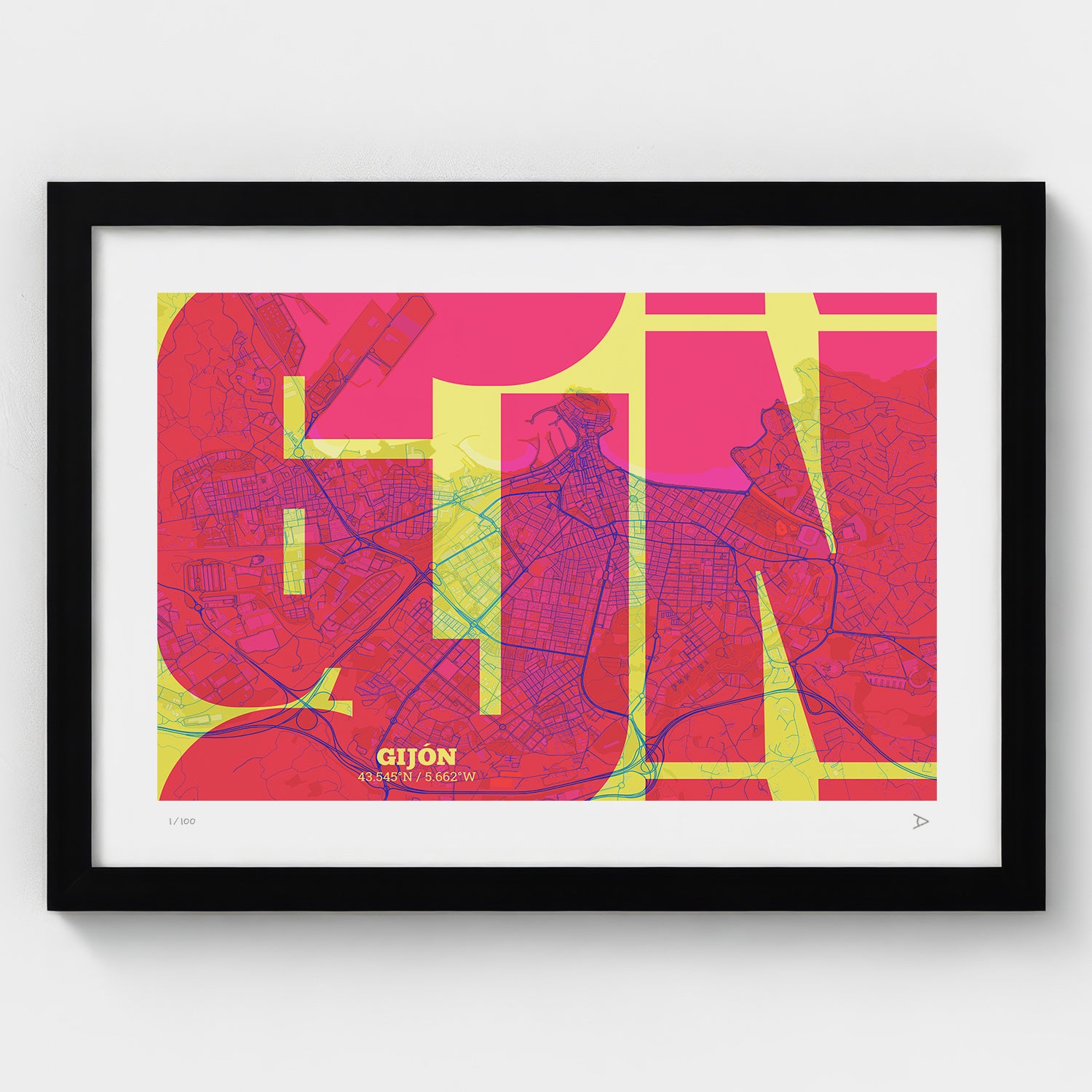 Lámina tipográfica de Gijon – diseño Inseparable, marco negro