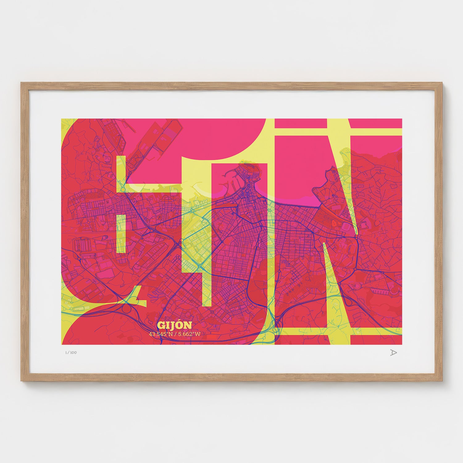Lámina tipográfica de Gijon – diseño Inseparable, marco de madera natural