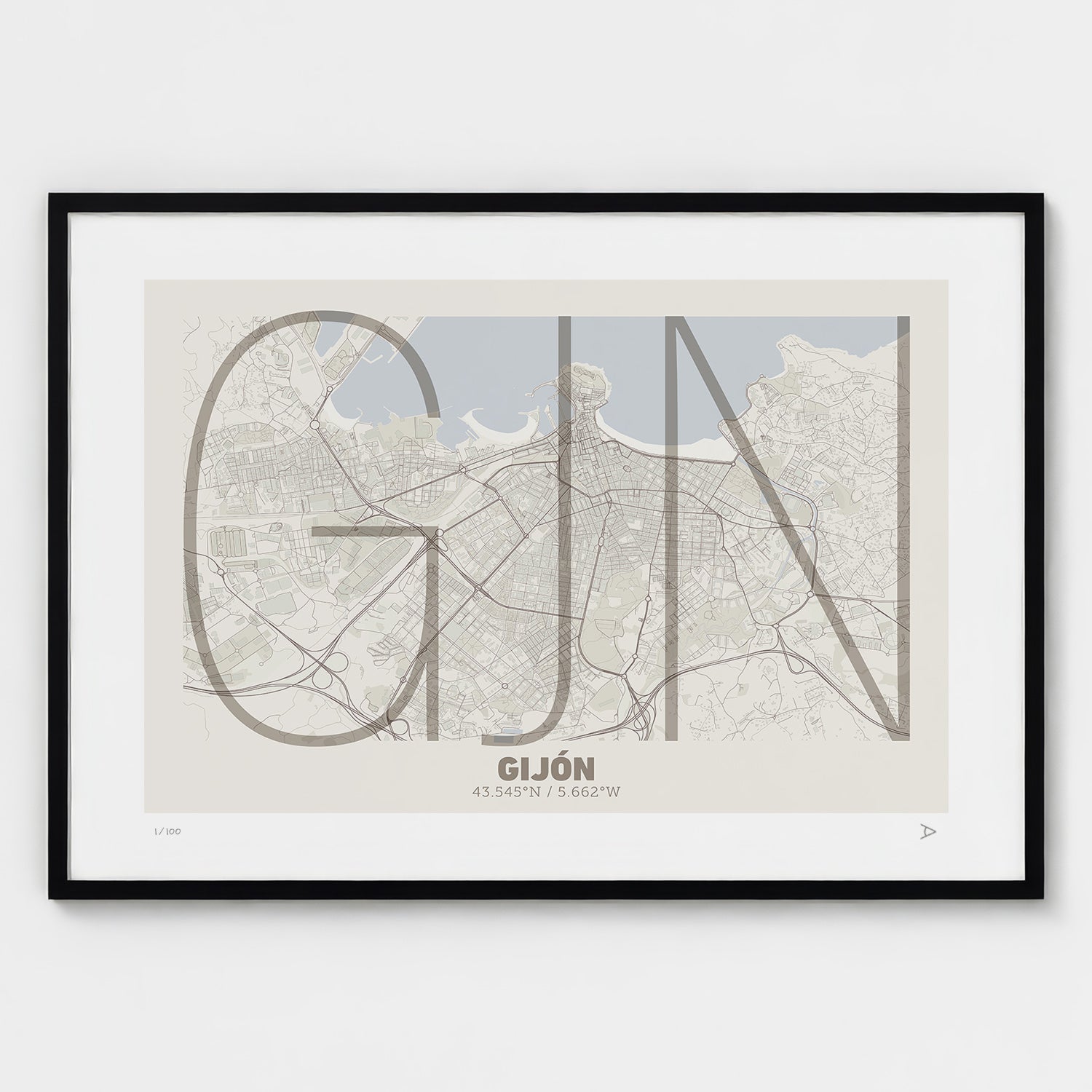 Lámina tipográfica de Gijon – diseño Ultrafina, marco negro
