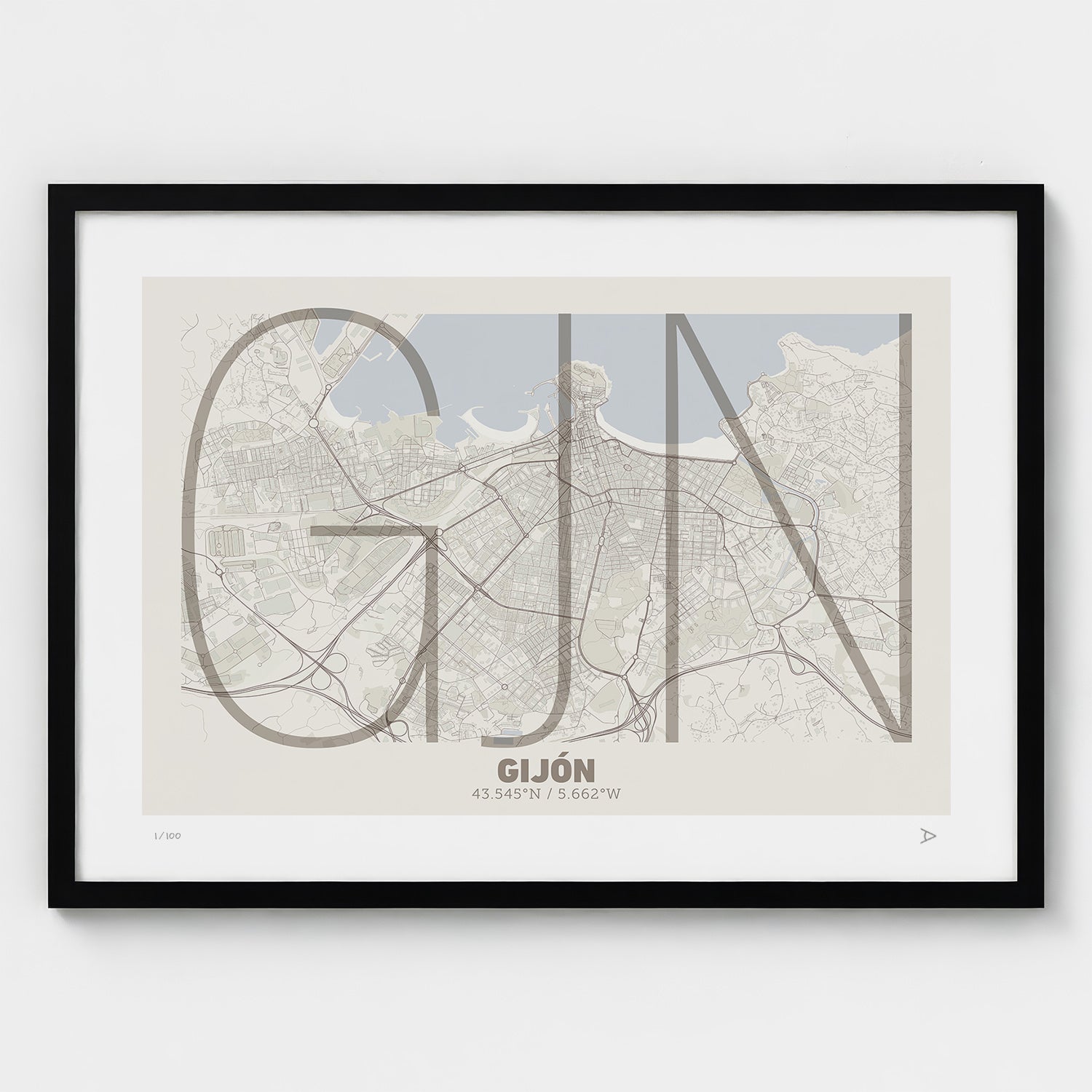 Lámina tipográfica de Gijon – diseño Ultrafina, marco negro