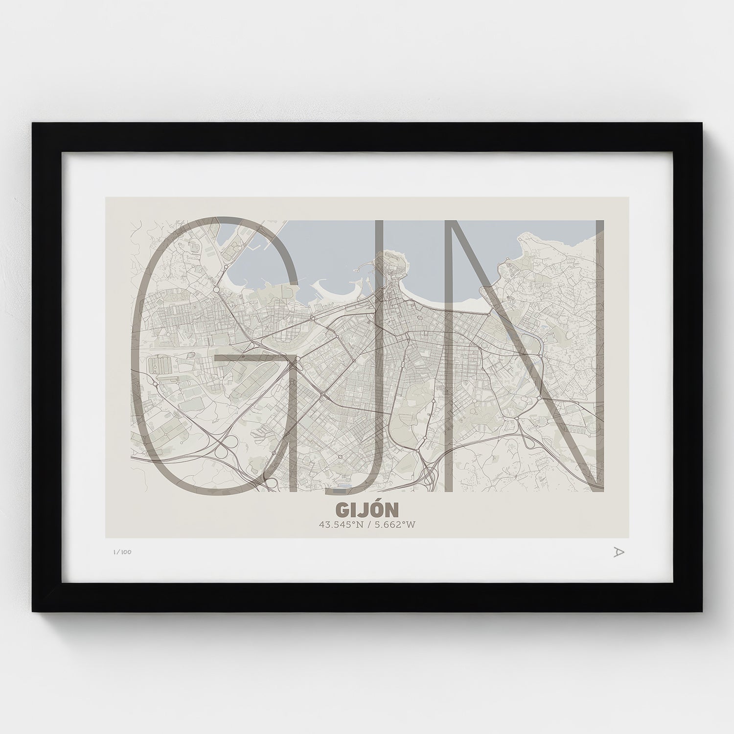 Lámina tipográfica de Gijon – diseño Ultrafina, marco negro