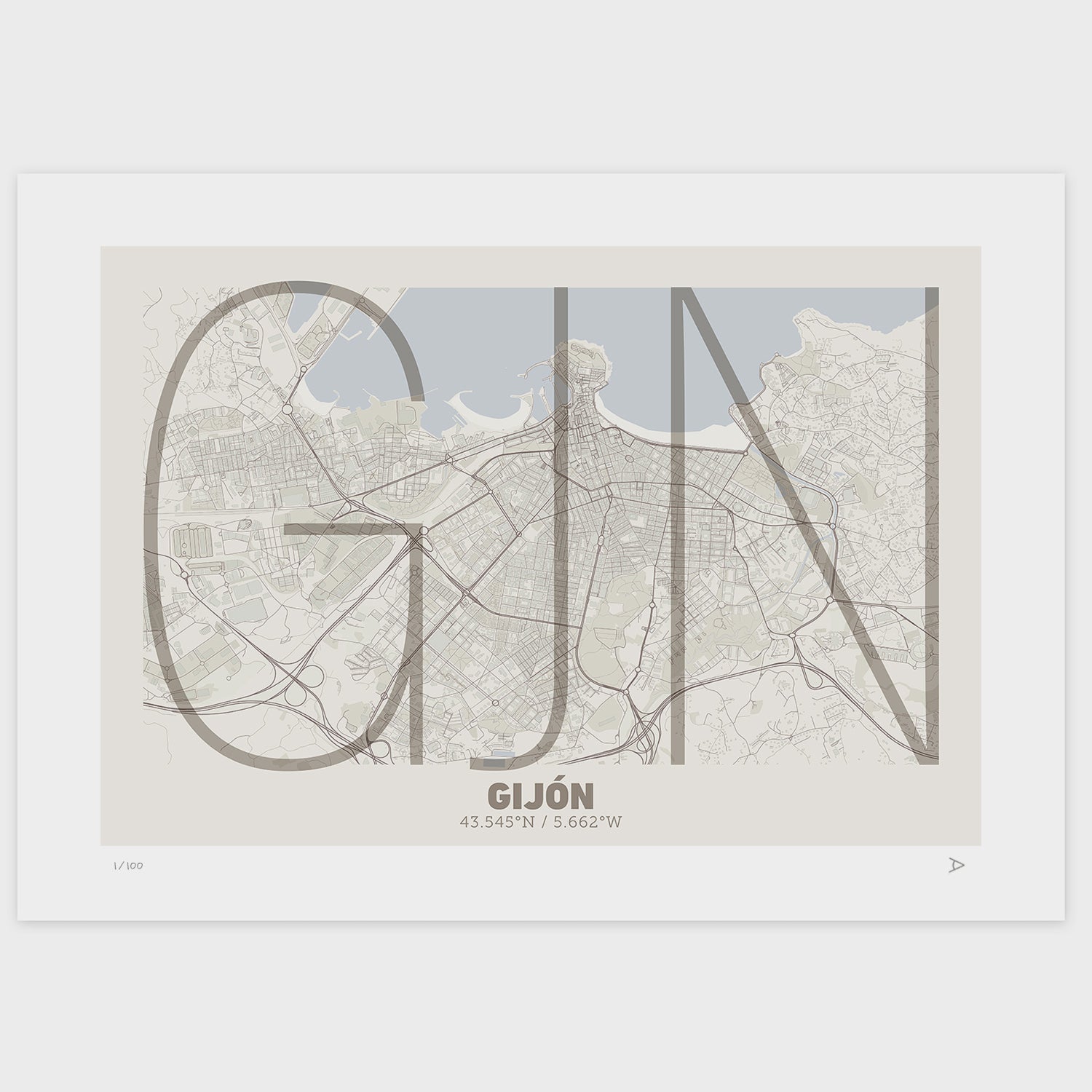 Lámina tipográfica de Gijon – diseño Ultrafina, sin marco sobre papel