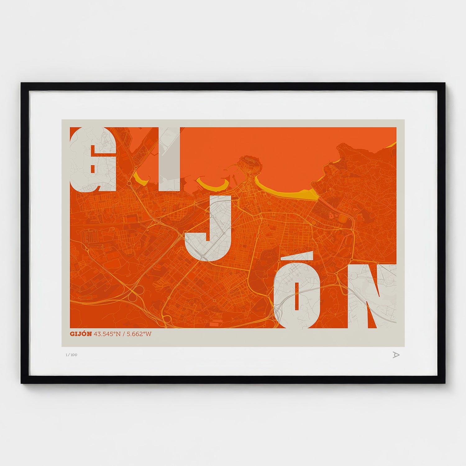 Lámina tipográfica de Gijon – diseño Revoltosa, marco negro