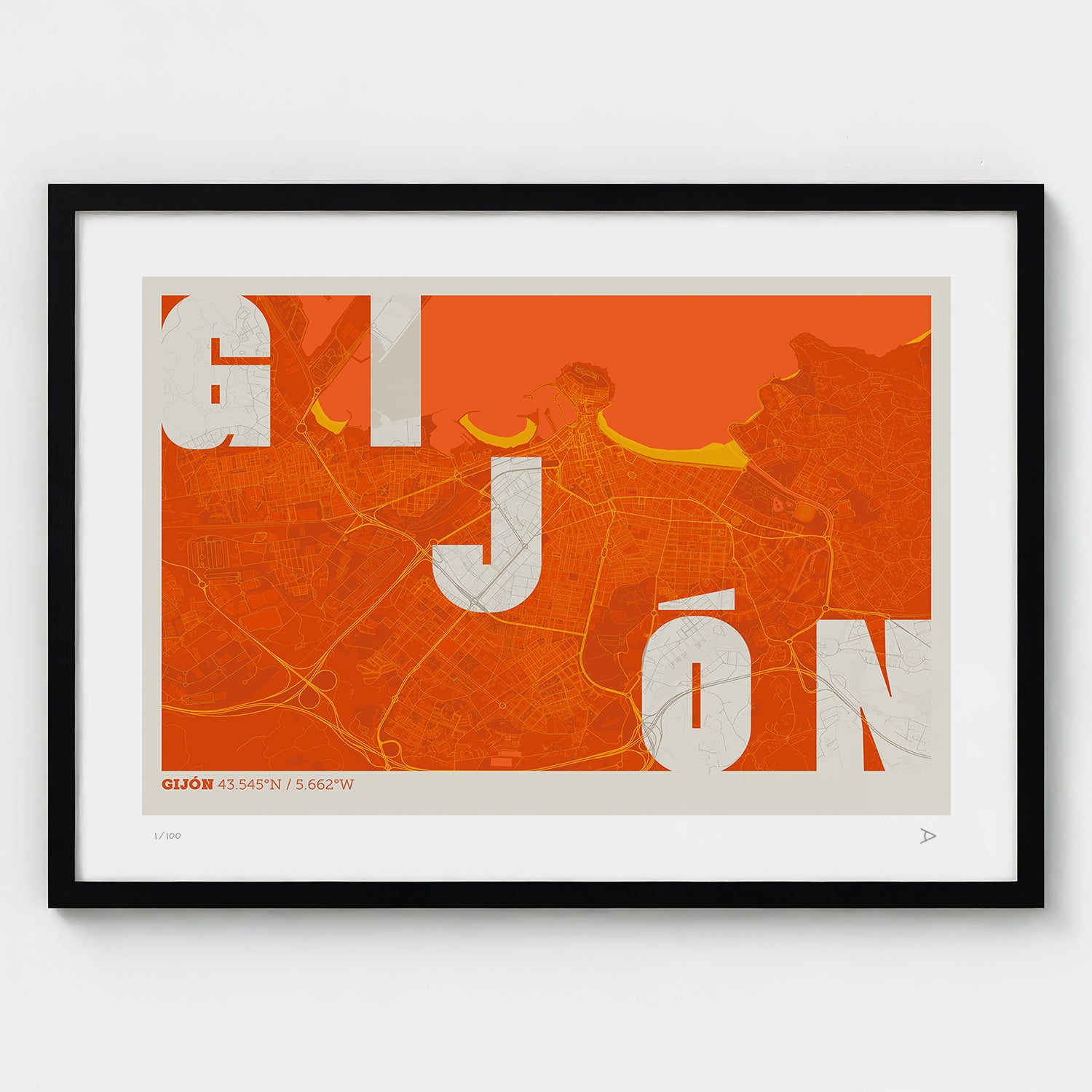 Lámina tipográfica de Gijon – diseño Revoltosa, marco negro
