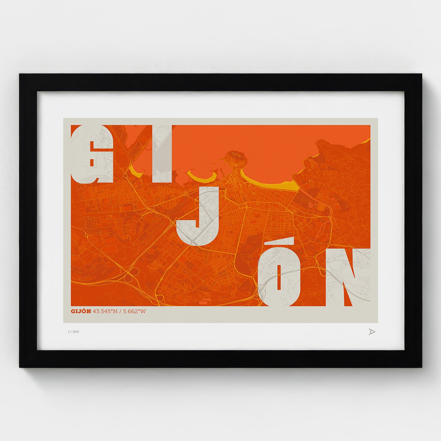 Lámina tipográfica de Gijon – diseño Revoltosa, marco negro