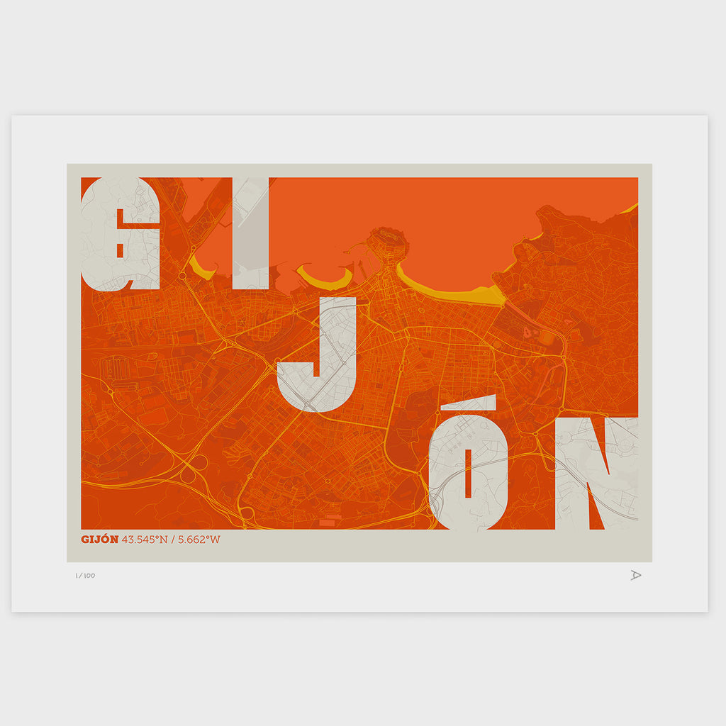 Lámina tipográfica de Gijon – diseño Revoltosa, sin marco sobre papel