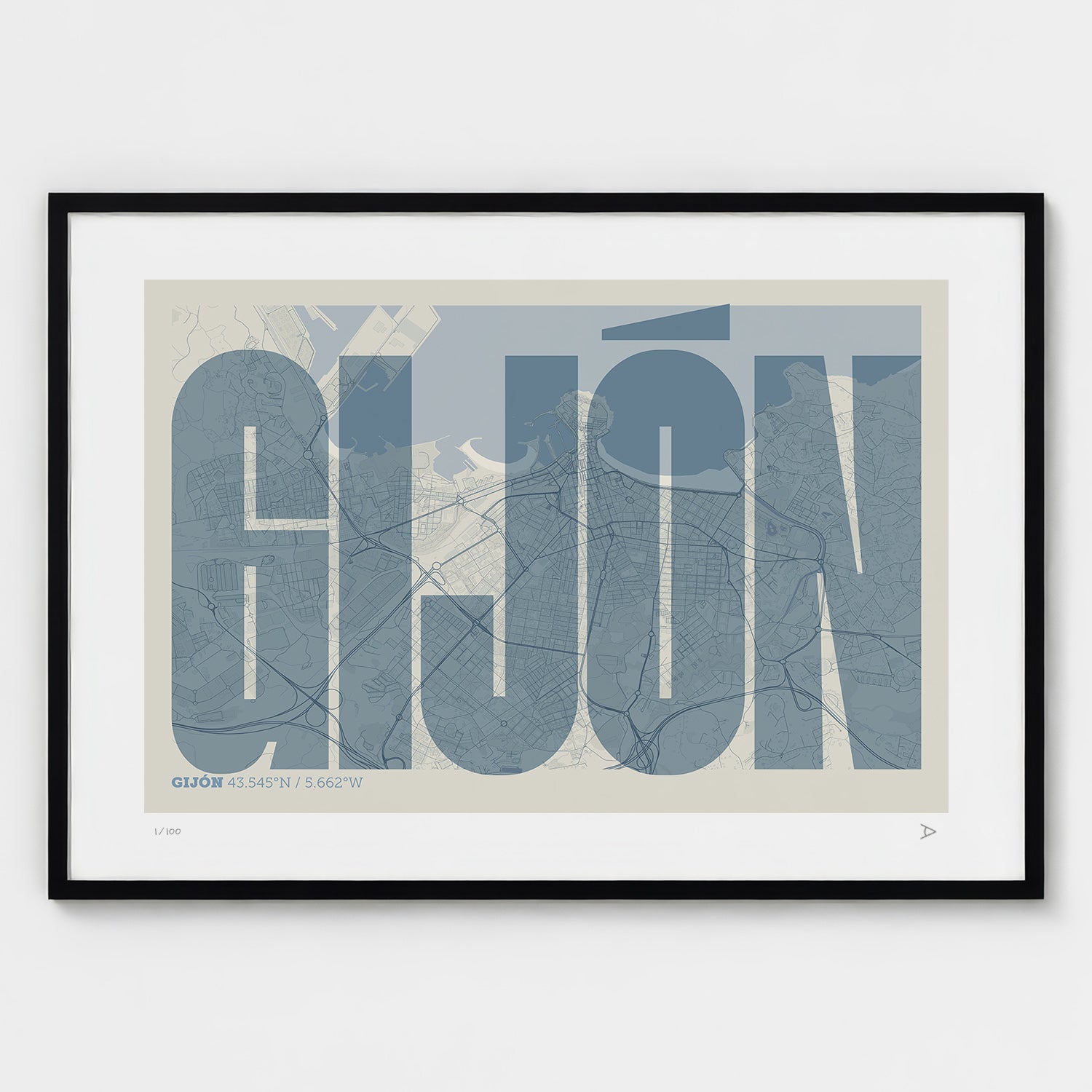 Lámina tipográfica de Gijon – diseño Extra Comprimida, marco negro