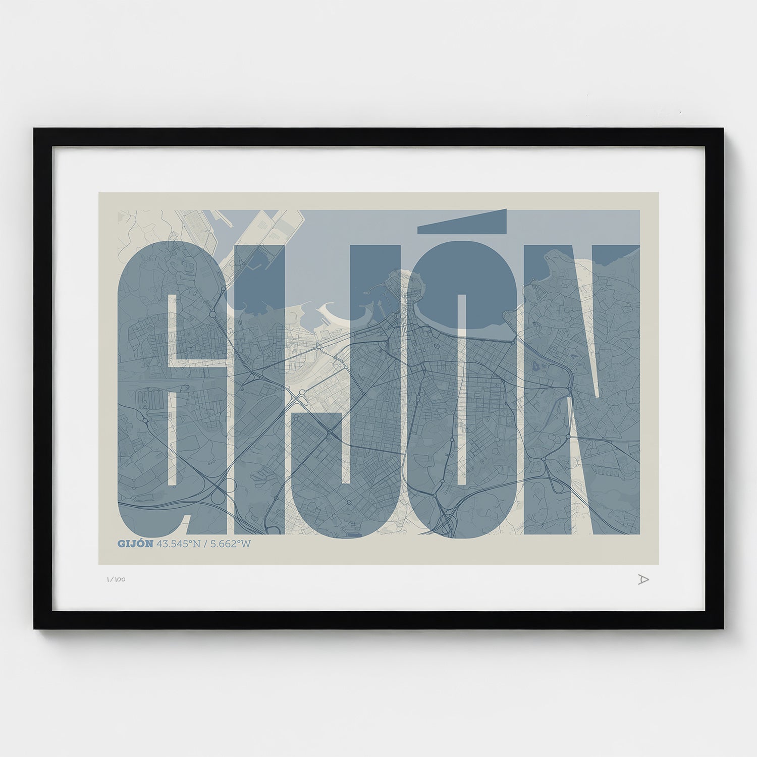 Lámina tipográfica de Gijon – diseño Extra Comprimida, marco negro