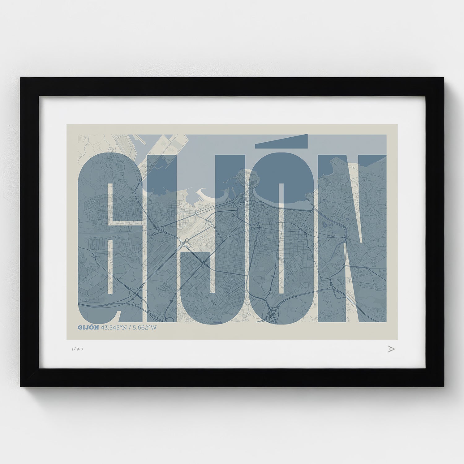 Lámina tipográfica de Gijon – diseño Extra Comprimida, marco negro