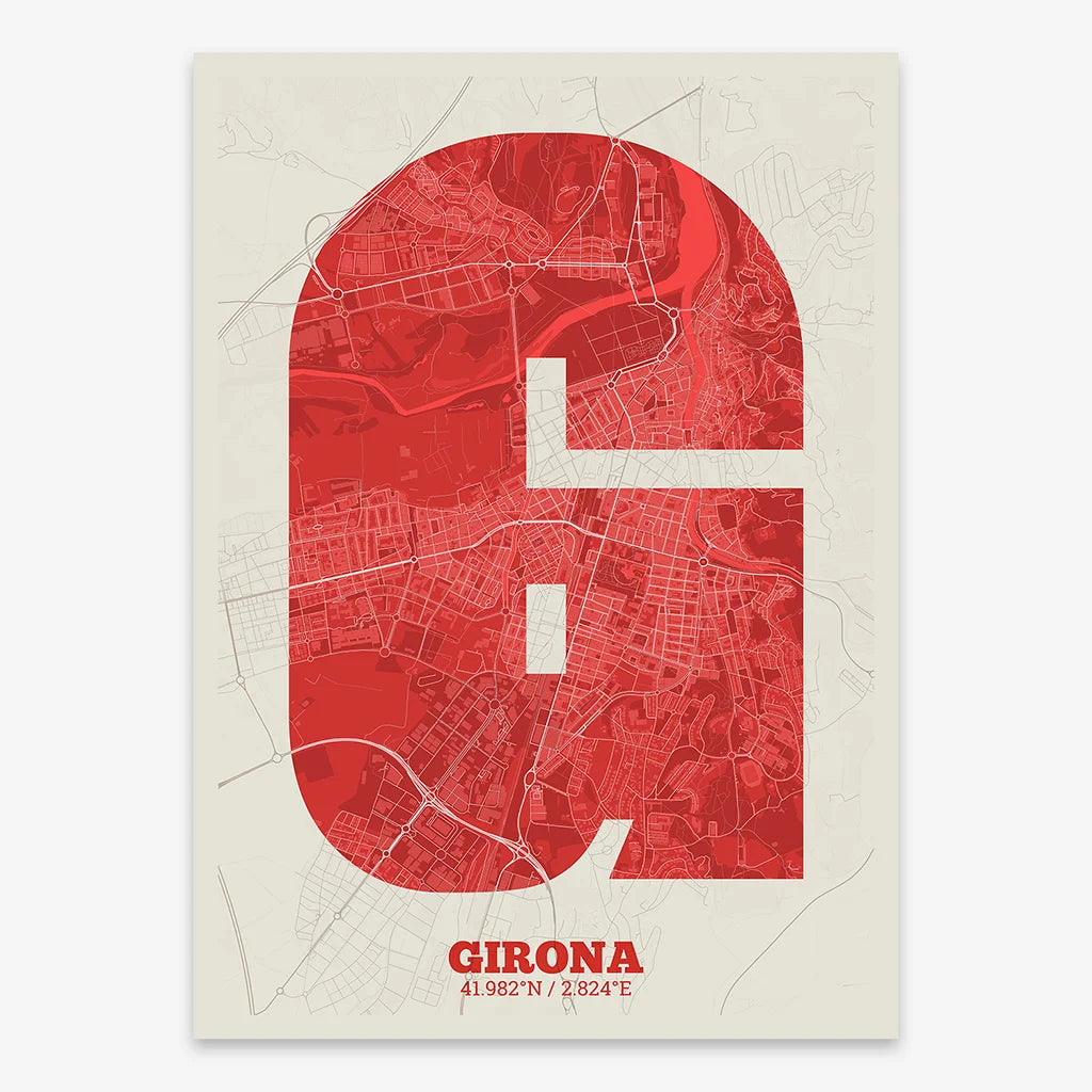 Decorative print of Girona composed with letters in a heavy geometric font printed on red and an off-white background