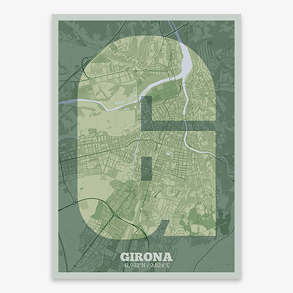 Decorative print of Girona composed with letters in a heavy geometric font printed on two green tones