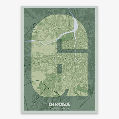 Decorative print of Girona composed with letters in a heavy geometric font printed on two green tones