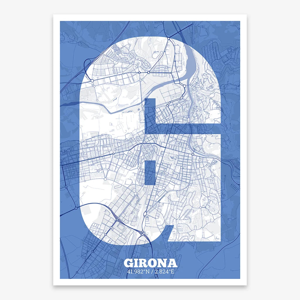 Decorative print of Girona composed with letters in a heavy geometric font printed on navy blue and white