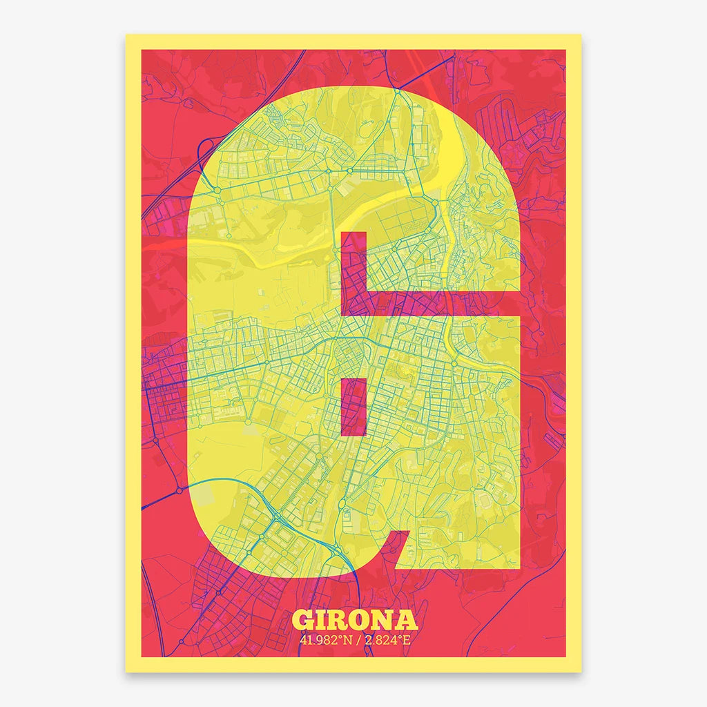Decorative print of Girona composed with letters in a heavy geometric font printed on yellow and fuchsia