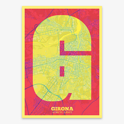 Decorative print of Girona composed with letters in a heavy geometric font printed on yellow and fuchsia