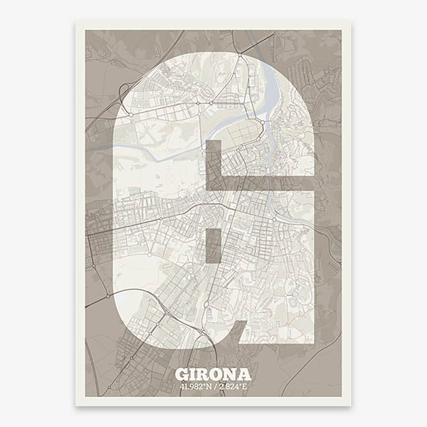 Decorative print of Girona composed with letters in a heavy geometric font printed on light brown and an off-white background