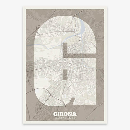 Decorative print of Girona composed with letters in a heavy geometric font printed on light brown and an off-white background